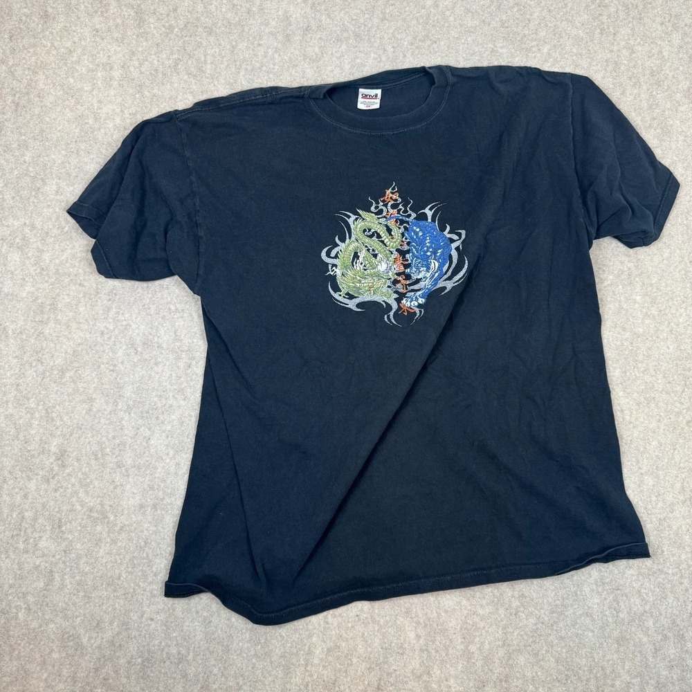 Anvil Graphic T-Shirt Mens 2X Black Dragon Tiger Tribal Y2K Streetwear